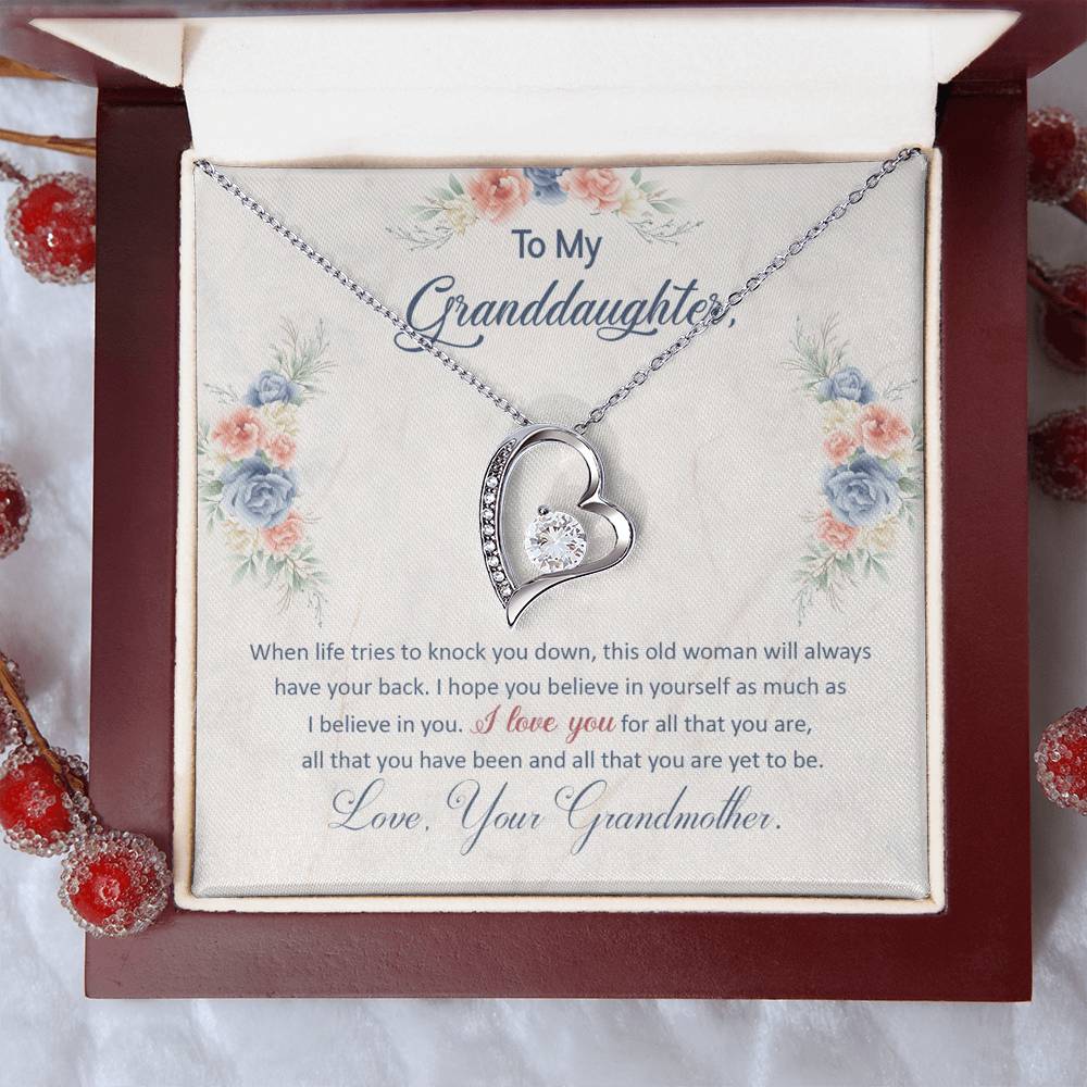 To My Granddaughter, This Old Woman Will Always Have Your Back White Gold Forever Love Necklace