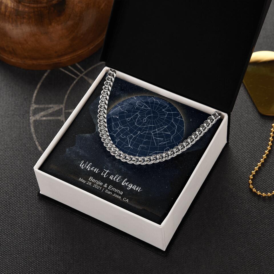 CardWelry Personalized Anniversary Gift for Him, Under this moon - When it all began, Star Map Cuban Link Necklace Customizer