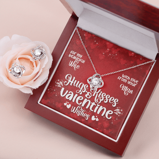 CardWelry Hugs & Kisses Valentines Wishes Gifts To Wife, Gorgeous Earing and Necklace Gift Set To Wife from Husband Jewelry Mahogany Style Luxury Box