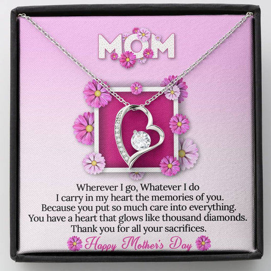 CardWelry Mom - Happy Mother's Day Message Card with Glimmering Heart Pendant Necklace Gift Set (Cubic Zirconia Crystal 6.5mm) Jewelry Standard Box