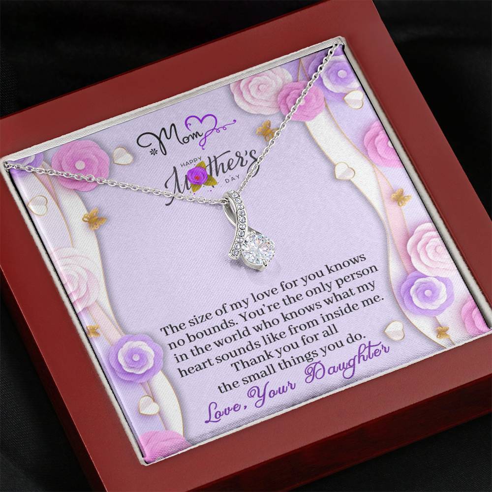 CardWelry Mom, Happy Mother's Day, The size of my Love for you knows no bounds - Alluring Beauty Necklace Gift Card Jewelry Mahogany Style Luxury Box