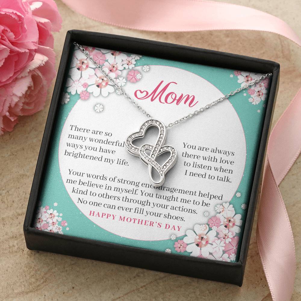 CardWelry Mom - No One Can Ever Fill Your Shoes - Happy Mother's Day Double Hearts Cubic zirconia crystals Necklace Jewelry