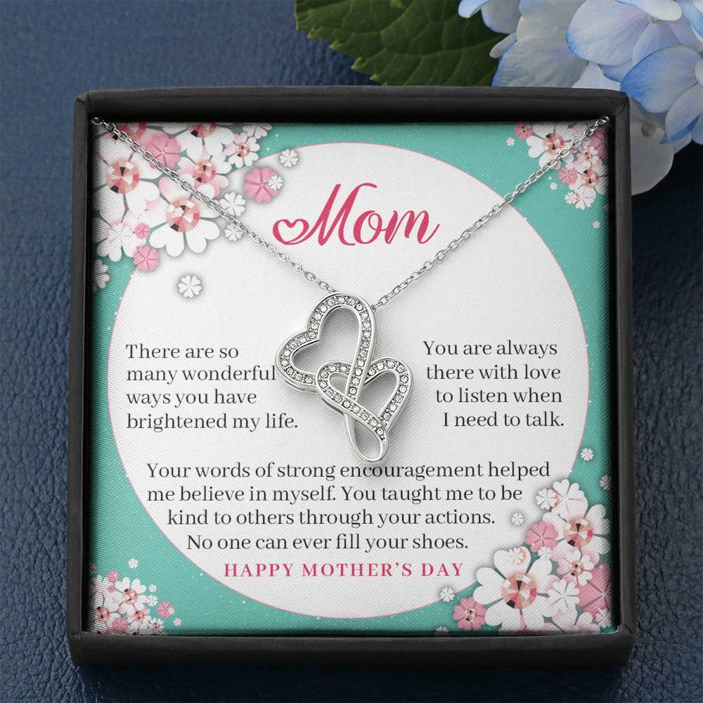 CardWelry Mom - No One Can Ever Fill Your Shoes - Happy Mother's Day Double Hearts Cubic zirconia crystals Necklace Jewelry