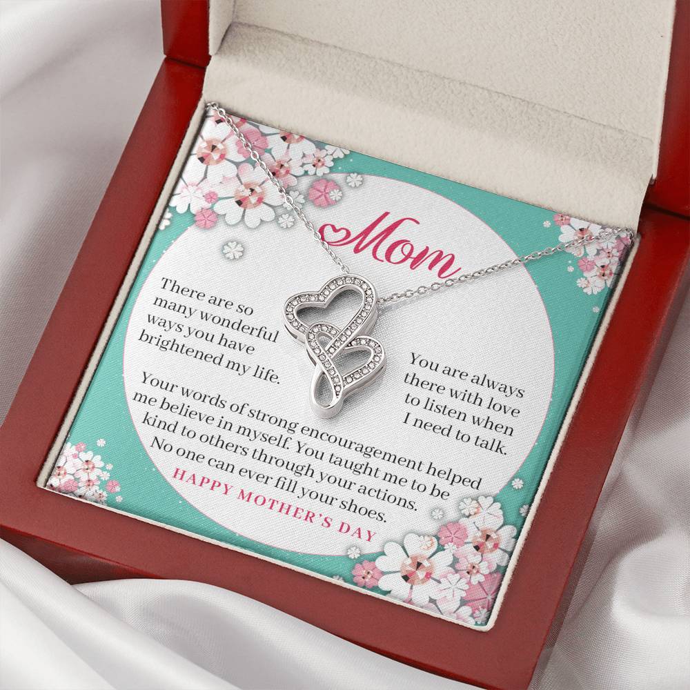 CardWelry Mom - No One Can Ever Fill Your Shoes - Happy Mother's Day Double Hearts Cubic zirconia crystals Necklace Jewelry Mahogany Style Luxury Box
