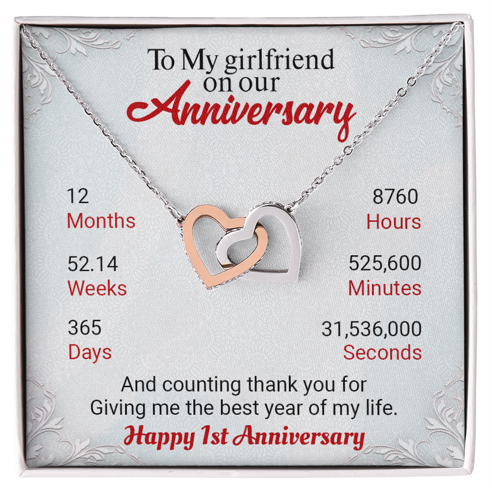 CardWelry Necklace To My Girlfriend on our Anniversary, Interlocked Heart Necklace 1 Year Anniversary Gift from Boyfriend Jewelry Two Toned Box