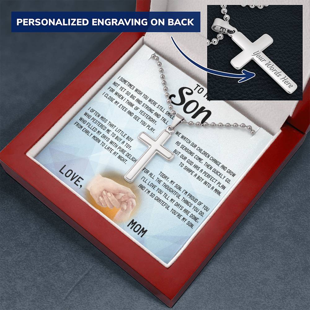 CardWelry Personalized Gift for Son Stainless Cross Necklace, Today My Son I am Proud of you, Love Mom Message Card Jewelry