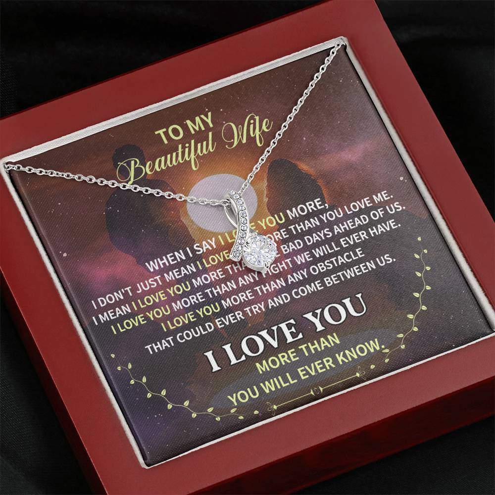 CardWelry TO MY BEAUTIFUL WIFE, LUXURY LOVE KNOT MESSAGE CARD NECKLACE Jewelry Mahogany Style Luxury Box