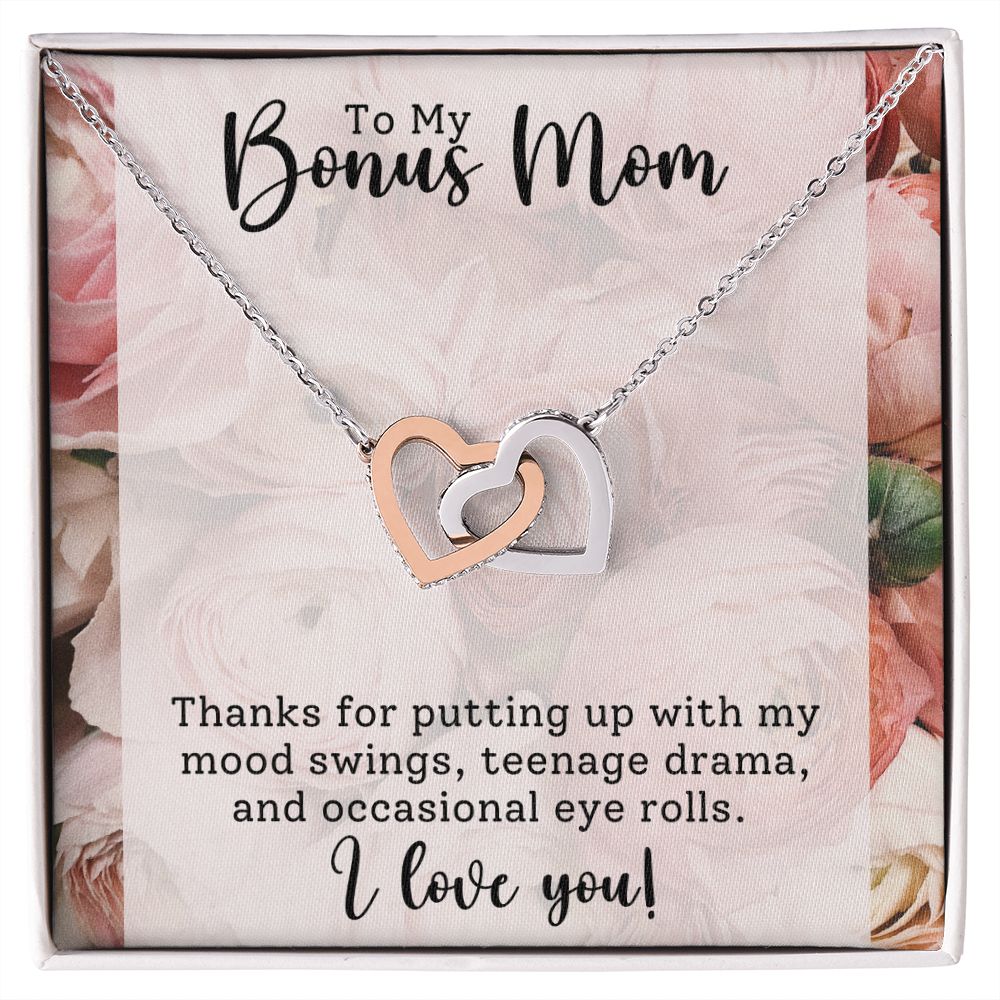 CARDWELRYJewelryTo My Bonus Mom, Thanks for Putting Up Inter Locking Heart CardWelry Gift