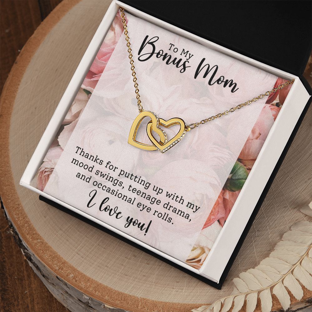 CARDWELRYJewelryTo My Bonus Mom, Thanks for Putting Up Inter Locking Heart CardWelry Gift