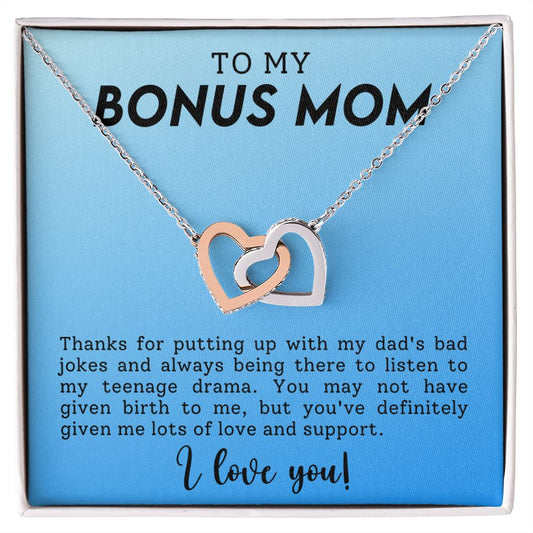 CARDWELRYJewelryTo My Bonus Mom, Thanks for Putting Up With My Dad Inter Locking Heart CardWelry Gift