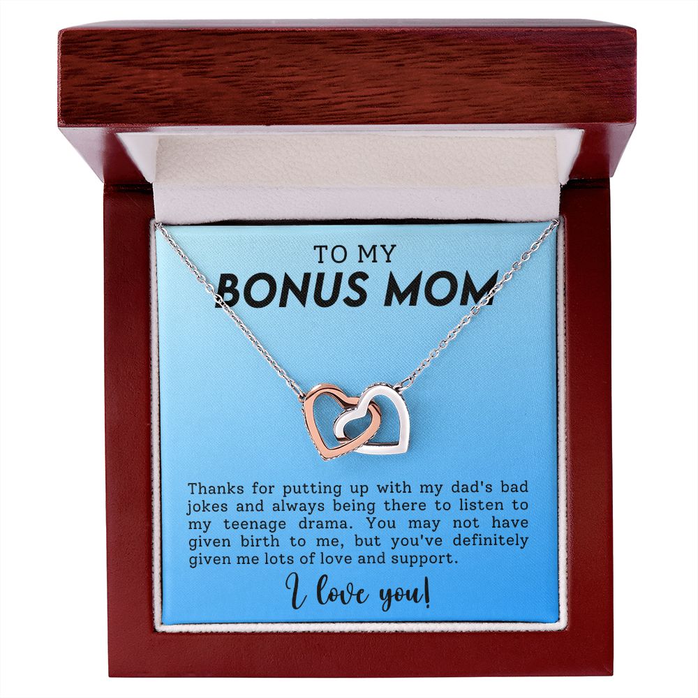 CARDWELRYJewelryTo My Bonus Mom, Thanks for Putting Up With My Dad Inter Locking Heart CardWelry Gift