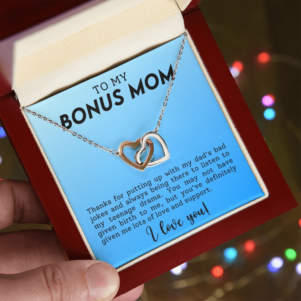 CARDWELRYJewelryTo My Bonus Mom, Thanks for Putting Up With My Dad Inter Locking Heart CardWelry Gift