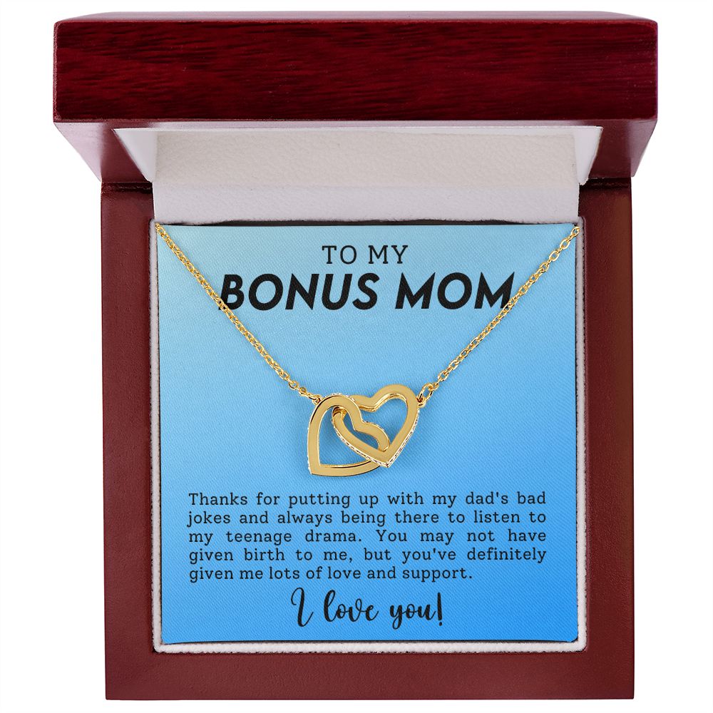 CARDWELRYJewelryTo My Bonus Mom, Thanks for Putting Up With My Dad Inter Locking Heart CardWelry Gift