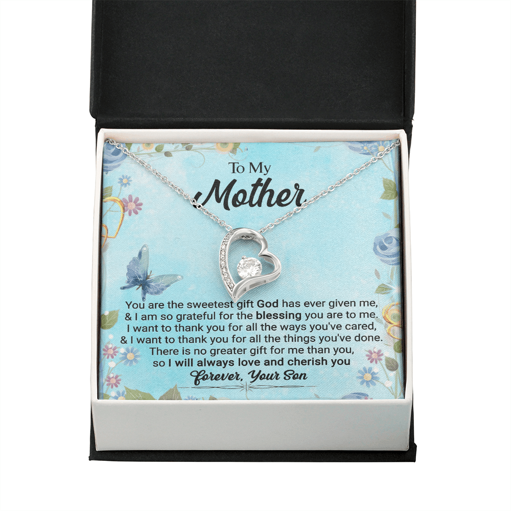 CardWelry To My Mother, You Are The Sweetest Gift God Has Ever Given Me, Love Always, Your Son Forever Love Necklace Jewelry 14k White Gold Finish Standard Box