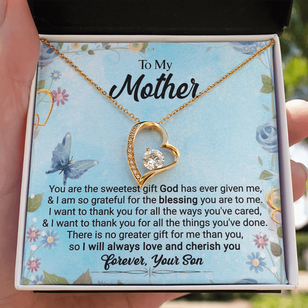 CardWelry To My Mother, You Are The Sweetest Gift God Has Ever Given Me, Love Always, Your Son Forever Love Necklace Jewelry 18k Yellow Gold Finish Standard Box