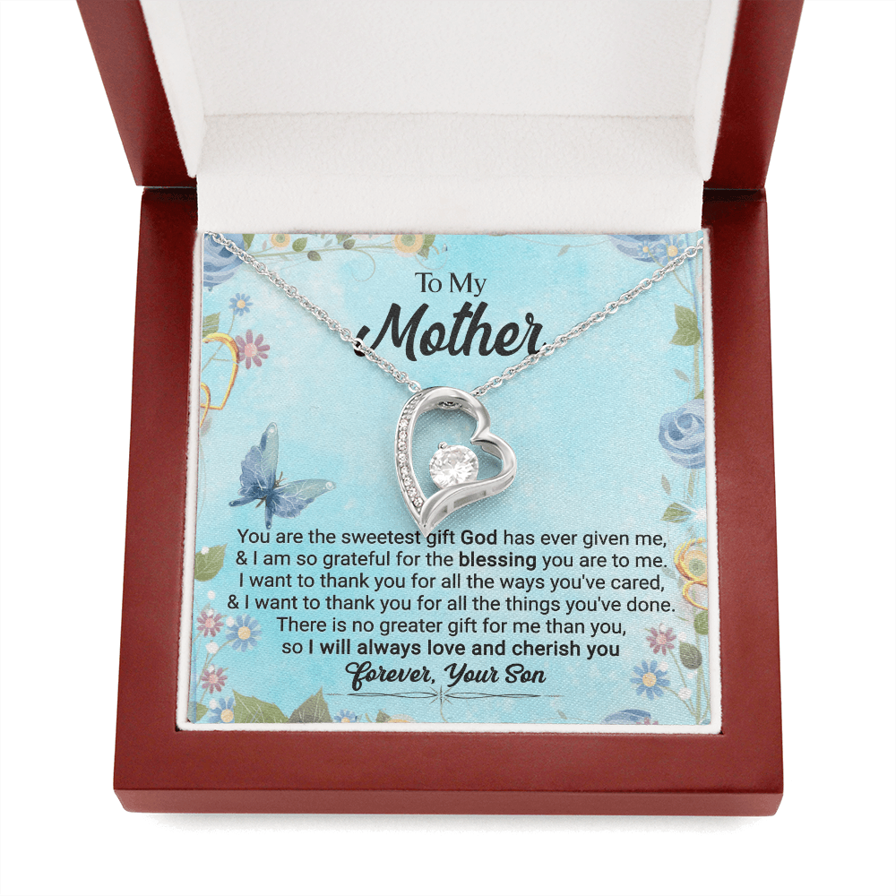 CardWelry To My Mother, You Are The Sweetest Gift God Has Ever Given Me, Love Always, Your Son Forever Love Necklace Jewelry 14k White Gold Finish Luxury Box