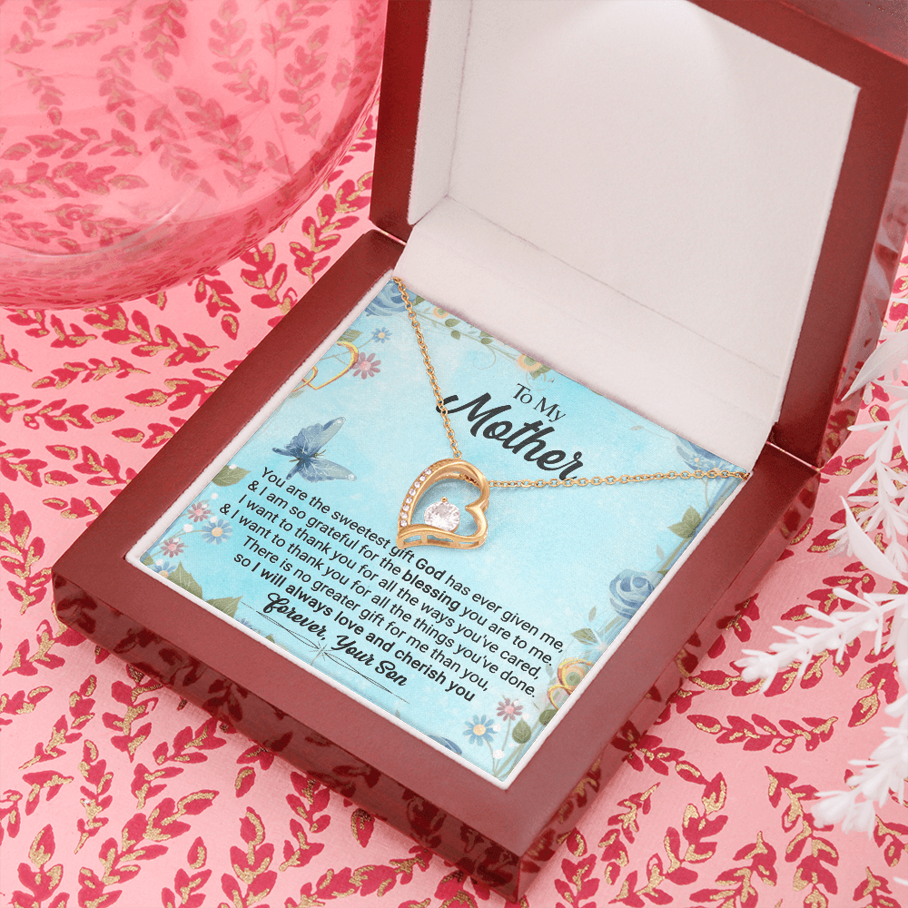 CardWelry To My Mother, You Are The Sweetest Gift God Has Ever Given Me, Love Always, Your Son Forever Love Necklace Jewelry 18k Yellow Gold Finish Luxury Box
