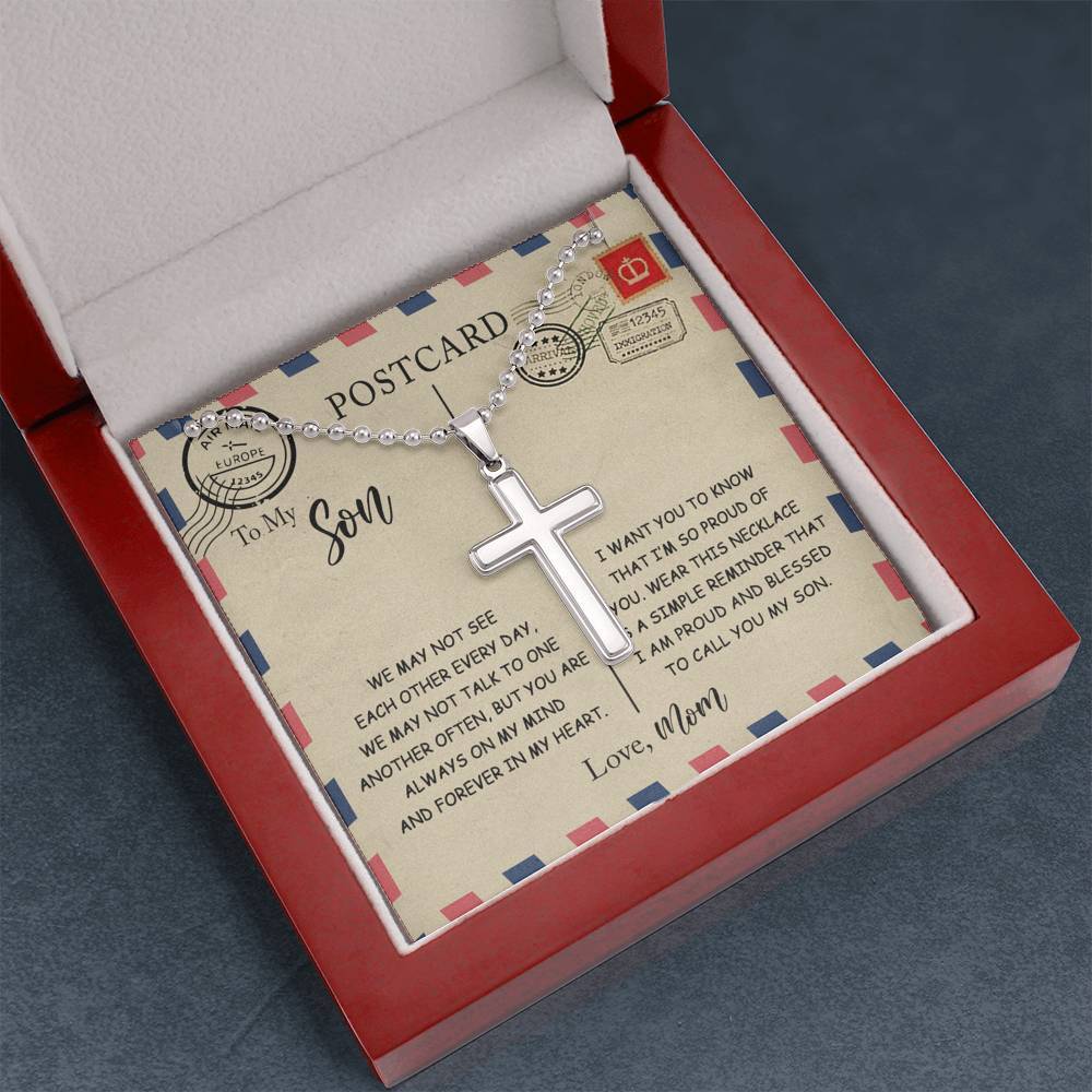 CardWelry To My Son Postcard Cross Necklace Gift from mom Jewelry Mahogany Style Luxury Box