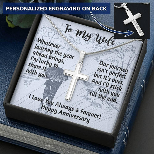 CardWelry To My Wife, Happy Anniversary Personalized Cross Necklace Jewelry Standard Box