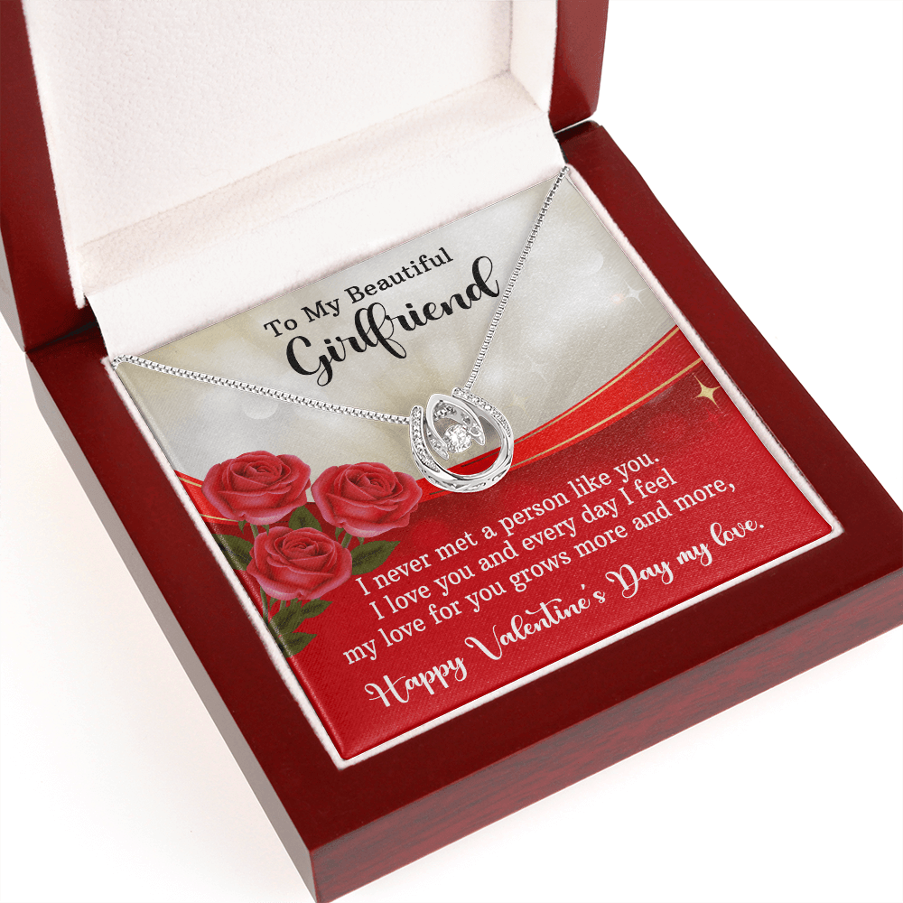 CardWelry Valentine Gift To My Girlfriend, I never met a person like you. Valentine's Day Card Necklace Gift for Her Jewelry Mahogany Style Luxury Box with LED