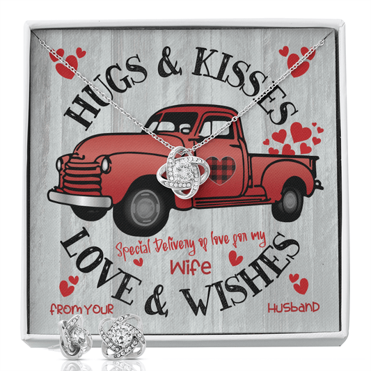 CardWelry Valentines Gifts for Wife, Hugs & Kisses Love & wishes Valentine Card with Gorgeous Earing and Necklace Gift Set from Husband to Wife Jewelry