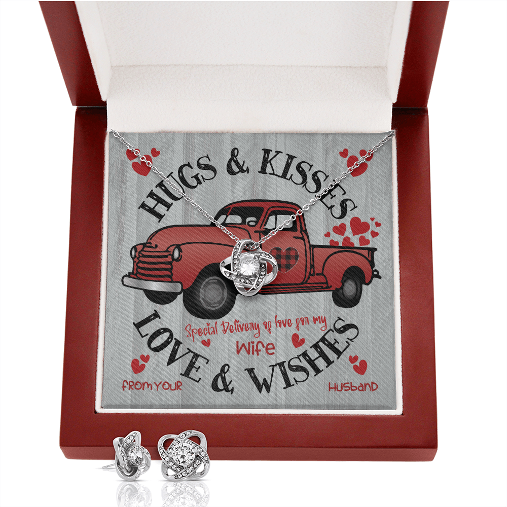 CardWelry Valentines Gifts for Wife, Hugs & Kisses Love & wishes Valentine Card with Gorgeous Earing and Necklace Gift Set from Husband to Wife Jewelry