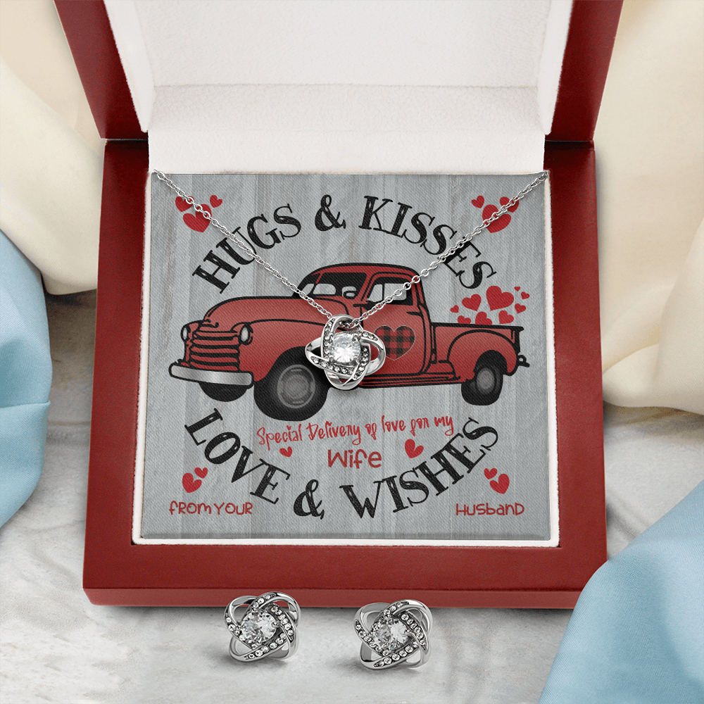 CardWelry Valentines Gifts for Wife, Hugs & Kisses Love & wishes Valentine Card with Gorgeous Earing and Necklace Gift Set from Husband to Wife Jewelry