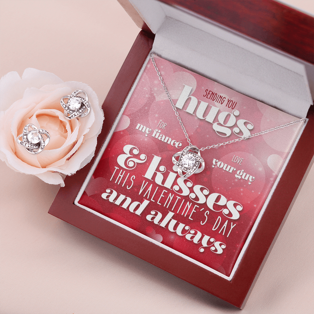 CardWelry Valentines Gifts To Fiancé, Sending Hugs and Kisses Card with Gorgeous Earing and Necklace Gift Set for Fiancé Jewelry Mahogany Style Luxury Box