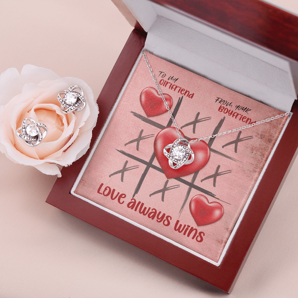 CardWelry Valentines Gifts To Girlfriend, From Boyfriend, Love Always Wins Valentine Card and Gorgeous Earing and Necklace Set for Her Jewelry Mahogany Style Luxury Box