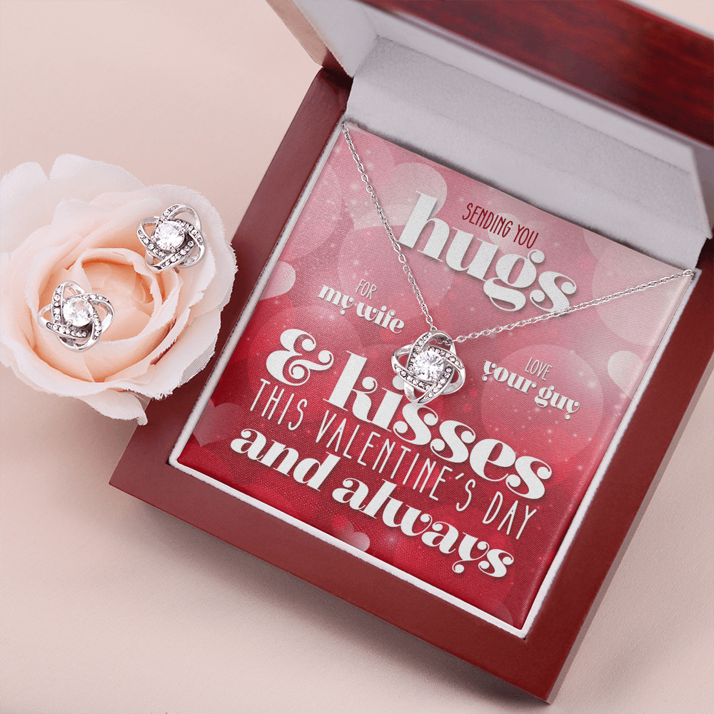 CardWelry Valentines Gifts To Wife, Sending Hugs and Kisses Card with Gorgeous Earing and Necklace Gift Set for Wife Jewelry Mahogany Style Luxury Box